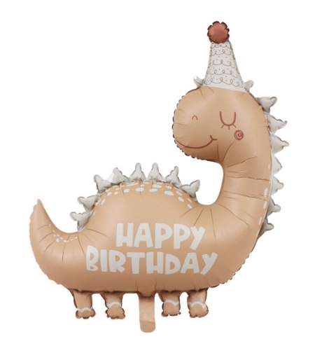 Balon din Folie Metalizata, Flippy, Figurina Animata, Model Dinozaur Happy Birthday, 80 x 77 cm, Ambalaj Individual, Pai Inclus, Umflare cu Aer sau Heliu, Maro