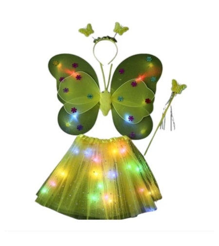 Costum Fluturas cu Aripi Modelabile Luminoase pentru Copii, Flippy, Fusta din Tul cu Lumini, Bagheta si Bentita, 4 piese, Pentru Halloween, Roleplay, Craciun, Carnaval, Paste, Ziua Copilului, Bumbac/Poliester, Marime universala, Galben