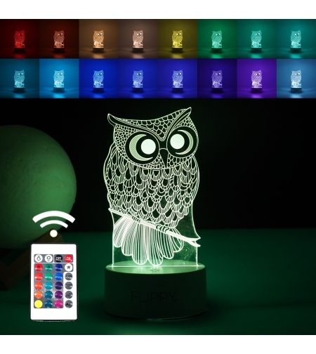 Lampa LED decorativa, Flippy, 3D, Bufnita, cu USB si baterii, 20 cm inaltime, din material acril, lumina multicolora si telecomanda inclusa, alb