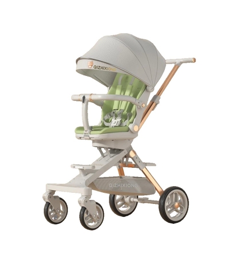 Carucior Sport Flippy 3in1, 6-36 Luni, Pliabil, Tavita pentru Masa, Pat de Dormit, Centura de Siguranta, Roti 360 Grade, Reversibil, Parasolar, Maner Reglabil, 64 x 35 x 100 cm, Gri/Verde