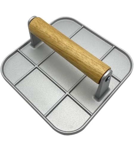 Presa Manuala pentru Carne, Flippy, din Aliaj de Aluminiu, Maner din Lemn, Presa pentru Burgeri, Usor de Curatat si Folosit, Patrata, 16x16x6 cm, Gri