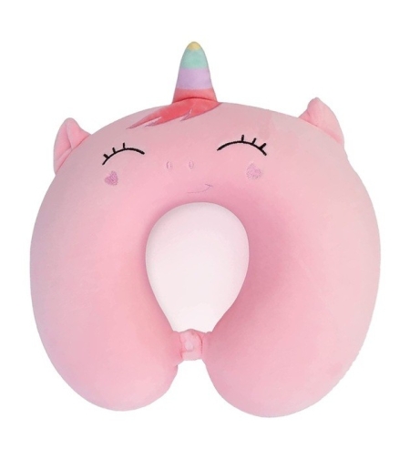 Perna de Calatorie in Forma de U, Flippy, Pentru Gat si Cap, Umplutura din Spuma cu Memorie, 30x30 cm, Model Unicorn, Accesoriu de Voiaj, Birou, Masina, Sistem Prindere Capse, Roz