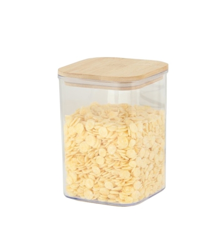 Cutie de Depozitare Alimente, Flippy, Cutie de tip Container, Cutie pentru Cereale, din Plastic, Capac din Bambuc, 10 x 10 x 14 cm, Volum 0.8 L, Transparent