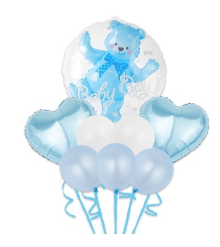 Set Baloane Aniversare, Flippy, set din 8 bucati, 1 bucata urs, 2 inimi folie, 5 simple din latex Baby Boy, 60 cm Albastru
