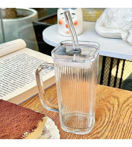 Pahar pentru Racoritoare, Flippy, din Sticla, 330 ml, cu Pai si Maner, Model Clear Dungi Verticale, Transparent