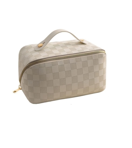 Geanta de Calatorie Flippy, Pentru Cosmetice, Portabila, Impermeabila, din Piele Ecologica, Compartimente Multiple, cu Fermoar, 22 x 13 x 12.5 cm, In Carouri, Alb