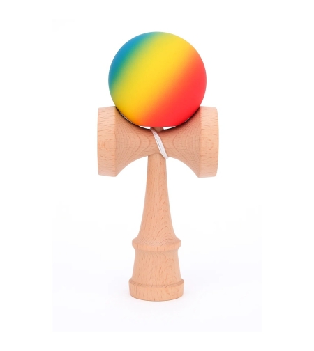 Jucarie Interactiva Kendama, Flippy, din Lemn, 18 cm, Joc de Indemanare pentru Copii si Adulti, Model Gradient 3, Rosu/Galben/Albastru