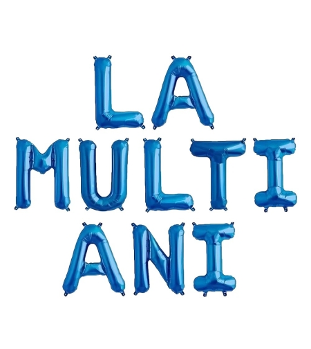 Set 10 Baloane din Folie Metalizata, Flippy, Figurine Litere, Model La multi ani, Tema Aniversare, 40 cm, Ambalaj Individual, Pai Inclus,  Umflare cu Aer sau Heliu, Albastru