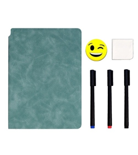 Set Agenda A5 Reutilizabila cu Pagini Tip Tabla, Agenda Pagini Albe cu Stergere Uscata, 3 Markere, 1 Burete și 1 Laveta de sters, Portabila, 24 x 16.5 cm, Coperta Piele, Verde