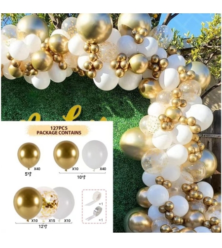 Baloane pentru Arcada decorativa, Flippy, Set 127 baloane din Latex, Model Petrecere pentru Arcada, Baloane Party, 12 cm, 25 cm, 30 cm, Alb Gold