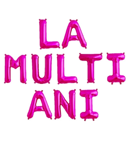 Set 10 Baloane din Folie Metalizata, Flippy, Figurine Litere, Model La multi ani, Tema Aniversare, 40 cm, Ambalaj Individual, Pai Inclus,  Umflare cu Aer sau Heliu, Roz