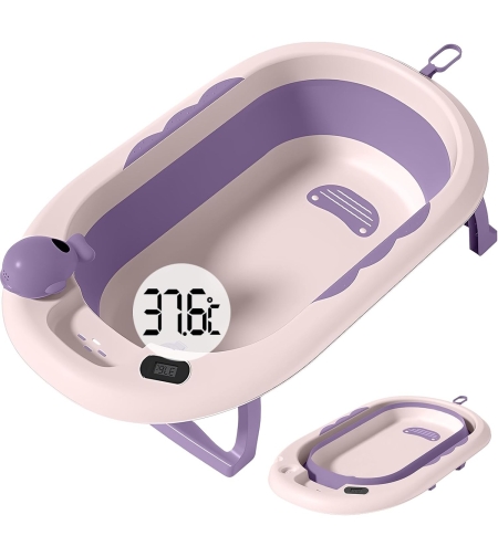 Cada de Baie, Flippy, pentru Copii 0 luni - 6 Ani, cu Termometru, Pliabila, Perna Suport Inclusa, din Plastic, 81.5 x 49 x 21.5 cm, Mov