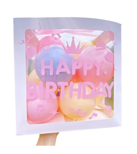 Cutie pentru Baloane, Flippy, Tematica Aniversare, Model Scris Happy Birthday, Baloane Albastre, Roz, Galbene si Panglica Incluse, Contur Alb, Transparenta, 30x30 cm