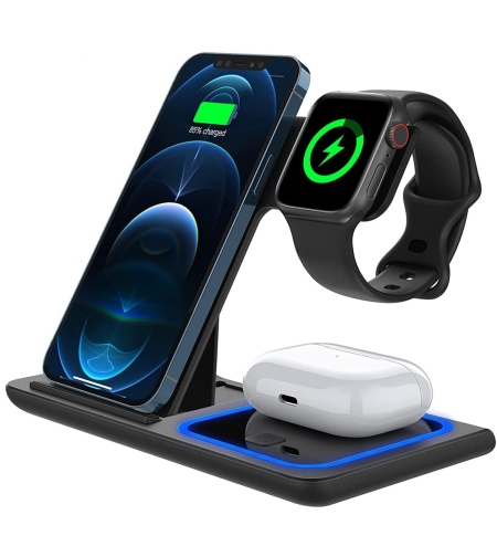 Incarcator Wireless Flippy, Statie Incarcare 3 In 1 Qi Fast Charger 15W, Incarcare Rapida, Compatibil Cu Apple Watch Toate Seriile Airpods Toate Modele si Iphone Android Samsung Huawei Xiaomi, Quick Charge, Negru