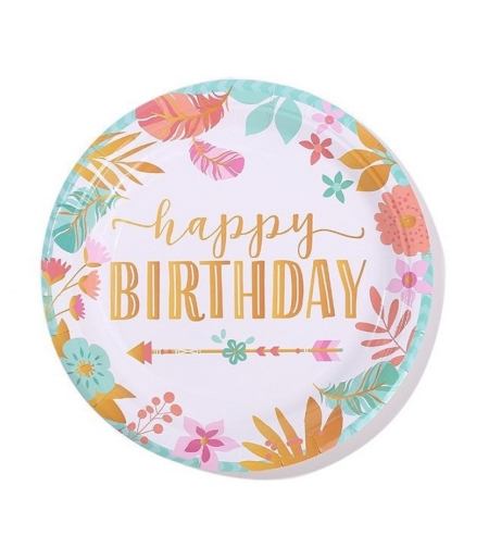 Set 10 Farfurii Unica Folosinta, Flippy, Imprimeu Happy Birthday Frunze, din Carton, Diametru 18 cm, Multicolor