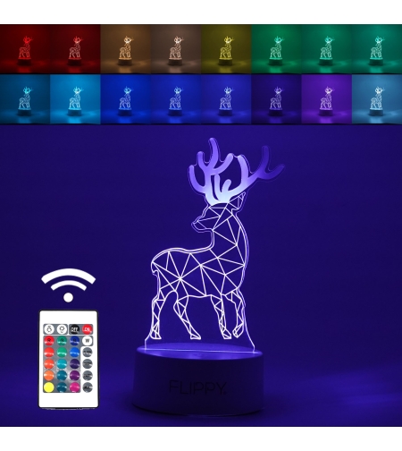 Lampa LED decorativa, Flippy, 3D, Cerb, cu telecomanda, doua moduri de alimentare USB si baterii, 20 cm inaltime, din material acril si lumina multicolora, alb