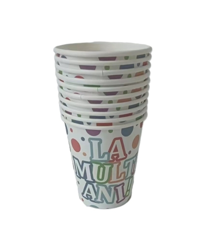 Set 10 Pahare, Flippy, Imprimeu La Multi Ani, din Carton, 250 ml, 7 x 8.5 x 5 cm, Multicolor