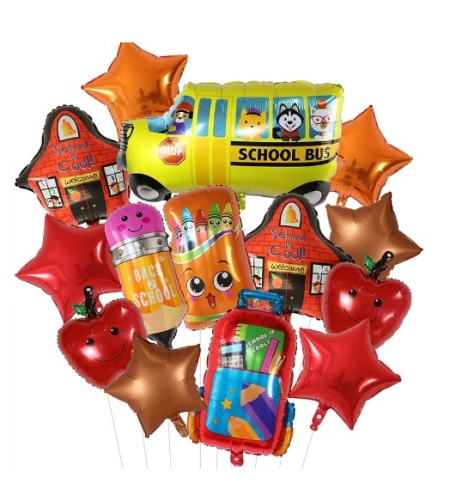Baloane decorative Back to School, Flippy, Set MIX 12 baloane, Autobuz Mere Stele Rechizite, din folie de aluminiu, 40 x 80 cm, Adeziv si pai inclus, Rosu Multicolor