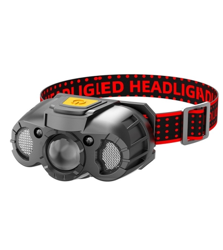 Lanterna LED de Cap, Flippy, cu Suport Inclus, Incarcare USB Tip C, Raza 100-200m, 5W, 6 Trepte de Lumina, 400 mAh, Gri