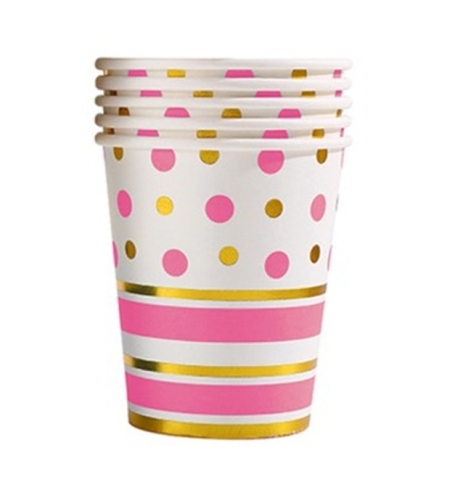 Set 10 Pahare, Flippy, Imprimeu cu Buline si Dungi, din Carton, 250 ml, 7.5 x 8.5 x 5.2 cm, Roz/Auriu