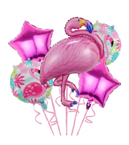 Set Baloane party aniversare, Flippy, din Folie de aluminiu si Latex, set din 5 baloane Flamigo Party cu 2 stele, 2 baloane rotunde, 60 -90 cm, Roz