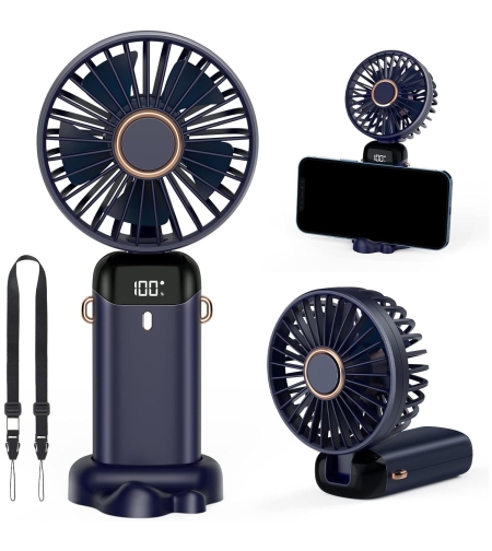 Ventilator Ultra Portabil cu Aromaterapie, Flippy, 3 in 1, de Mana, de Birou, de Gat, 5 Trepte de Viteza, Incarcare USB, Autonomie 12h, Pliabil, cu Ecran LCD, Albastru
