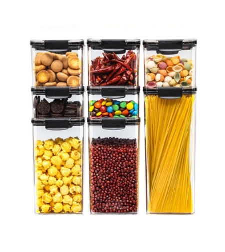 Set 8 Recipiente din Plastic, Flippy, pentru Alimente/Obiecte, Inchidere Ermetica, 2 x 460 ml, 3 x 700 ml, 2 x 1300 ml, 1 x 1800 ml, Transparent