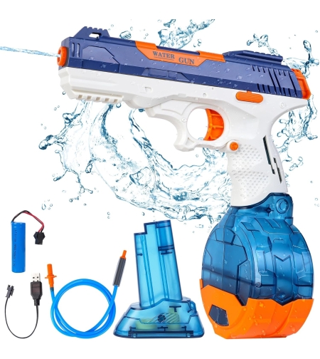 Pistol cu Apa Electric, Flippy, 2 Rezervoare 75/350 ml, din ABS+Silicon, Baterie, Incarcare USB, Conectare la Furtun, +6 Ani, Albastru