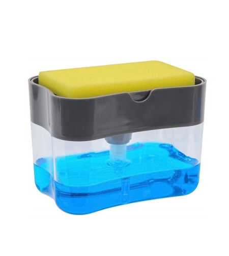 Dozator Flippy, Dispenser 2 in 1 pentru Detergent Lichid de Vase sau pentru Obiecte Sanitare cu Suport pentru Burete de Bucatarie ,14 x 10.5 x 10 cm, capacitate 380 ml, gri