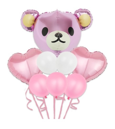 Set Baloane Aniversare, Flippy, set din 8 bucati, 1 bucata urs mare, 2 inimi folie,5 simple din latex Baby Girl, 60 cm Roz