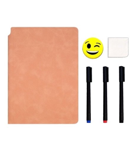 Set Agenda A5 Reutilizabila cu Pagini Tip Tabla, Agenda Pagini Albe cu Stergere Uscata, 3 Markere, 1 Burete și 1 Laveta de sters, Portabila, 24 x 16.5 cm, Coperta Piele, Roz Pal