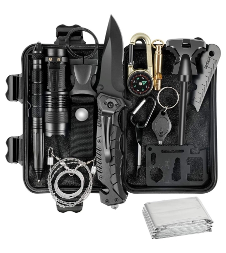 Kit supravietuire 19 in 1 Flippy, Cutit/Busola/Lanterna/Fluier/Chingi/Paracord, pentru Caping, Drumetii, Aventuri, Insturmente profesionale, Negru