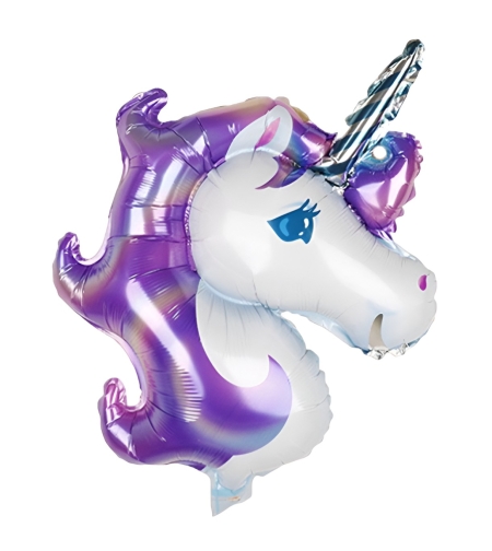 Balon din Folie Metalizata, Flippy, Figurina Unicorn, Tema Animalute, 115 cm, Ambalaj Individual, Pai Inclus, Umflare cu Aer sau Heliu, Mov