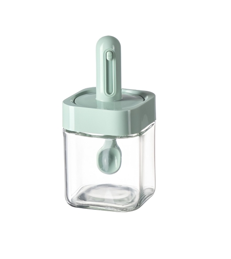Recipient pentru Depozitarea Condimentelor, Flippy, Borcan din Sticla, Capac si Lingura Incorporate, Uz Casnic, 300 ml, 7.1x7.1x14.8 cm, Verde