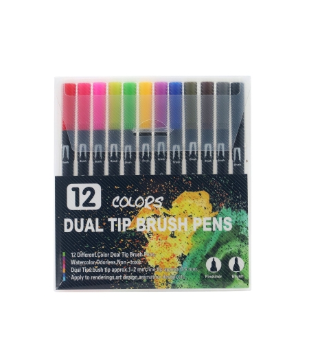 Set 12 Carioci, Flippy, pe Baza de Apa, 2 Tipuri de Varf, 1-2 mm, 0.4 mm, Corp Carioca Negru, din Plastic, Multicolor