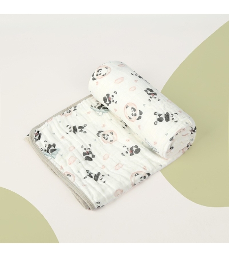 Prosop de baie din bumbac si tifon pentru Bebelusi, Flippy, cu Sase Straturi, pentru Copii, 110x110 cm, Model Panda, Bej Verde