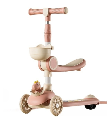 Trotineta Multifunctionala 3 in 1, Flippy, pentru Copii, 1-7 Ani, cu Lumini si Muzica, Reglabil 360, Pliere Usoara, Reglarea Inaltimii, Model Dinozaur, Alb/Roz