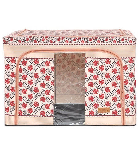 Cutie de Depozitare Pliabila, Flippy,100 L din Bumbac si In, 60X42X40 cm, Fereastra Frontala, 2 Usi de Acces cu Fermoar Bidirectional, Cadru Metalic, Suport Baza Stabil din Plastic, Motiv Traditional Model 4