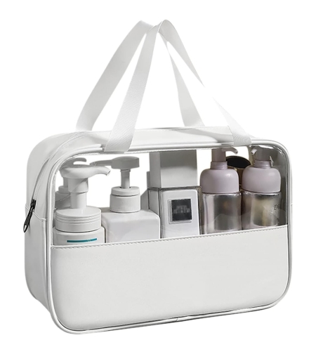 Geanta cosmetice Flippy, pentru voiaj sau organizare, material PVC/textil, impermeabila, portabila, 30x12x21 cm, alb