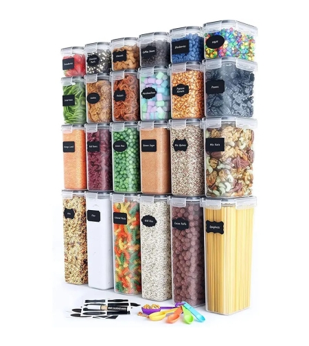 Cutii de depozitare alimente, Flippy, Set din 24 Cutii pentru Condimente, Cereale, Cutii pentru Bucatarie, din Plastic PP, Cutii Alimentare, Diferite Dimensiuni, Transparente