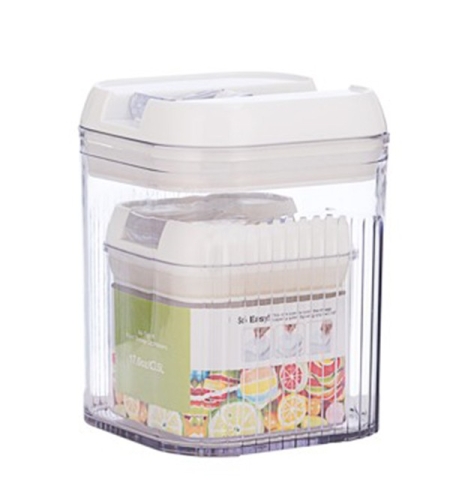 Cutii de Depozitare Alimente, Flippy, Set din 2 Cutii de tip Container, Recipiente pentru Cereale in Bucatarie, 0.5 L-10x10.5 cm, 1.3 L-12.5x12.5x16.5 cm, Transparente cu Capac Alb
