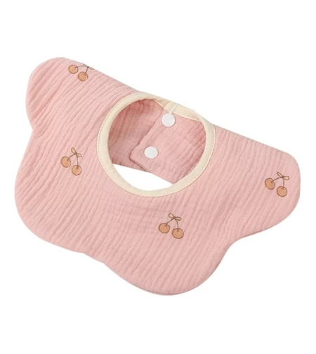 Baveta Tip Floare, Flippy, din Bumbac, pentru Copii 0-12 Luni, Rezistenta la apa, cu Capse, Model cu Cirese, 26 x 29 cm, Roz