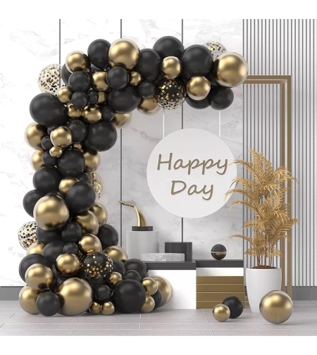 Baloane decorative pentru Nunta, Zi de Nastere, Evenimente, Flippy, Arcada Set din 107 baloane, din latex, baloane cu confetii, Negru Auriu