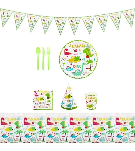 Set 9 Accesorii de Masa, Flippy, Colectia Dino Park, 82 Piese, din Carton/Plastic/Hartie, Multicolor
