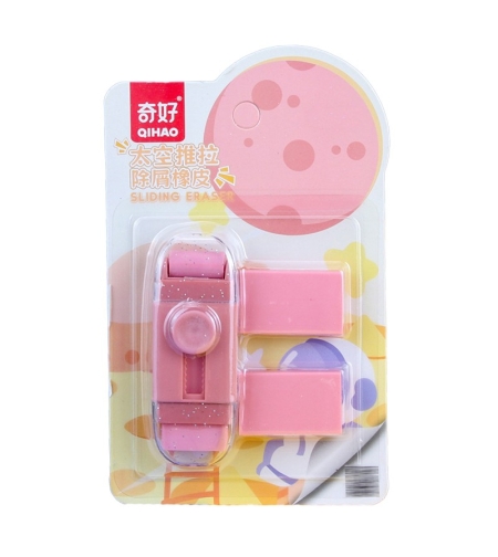 Radiera Retractabila, Flippy, Model Astronaut Push-Pull pentru elevii, Radiera de tip Push, Doua Radiere de Rezerva in set, Roz