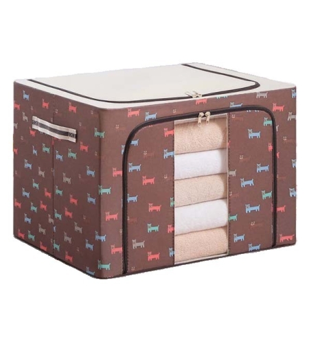 Cutie de Depozitare Pliabila, Flippy, cu Fermoar, 100 L, Textil, 60x42x40 cm, O Fereastra, Cadru Metalic, Suport Baza Stabil din Plastic, Imprimeu Catelusi, Maro
