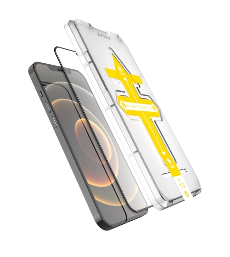 Set 2 folii sticla securizata cu sistem de montare usor si rapid Full Cover 3D Flippy compatibila cu Apple iPhone 12 / 12 Pro Negru