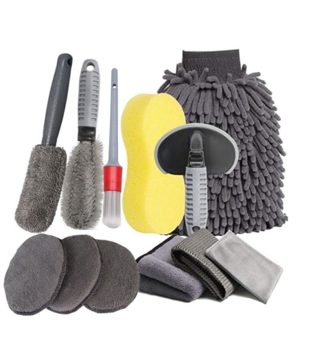 Set 12 Accesorii pentru Curatare Auto, Flippy, Interior si Exterior, Curatare Jante, Cauciucuri, Gri