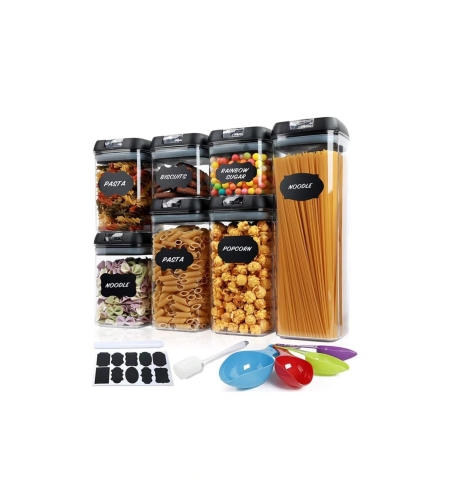 Set 7 Recipiente Organizare Alimente, Flippy, Inchidere Etansa, Etichete Reutilizabile, Cupe Masurare, 4 Dimensiuni Diferite, din Plastic Dur, Transparent