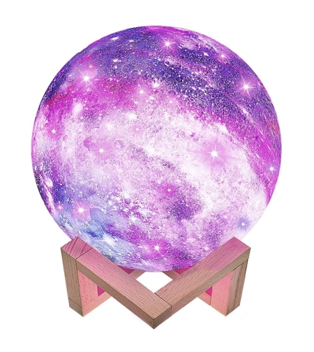 Lampa de veghe in forma de luna cu stele 3D Moon Light, alimentare baterii, stand din lemn inclus, 10 cm, Flippy
